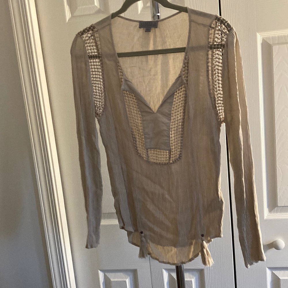 Joseph A cream sheer beach top with beaded ties and crochet detailing.